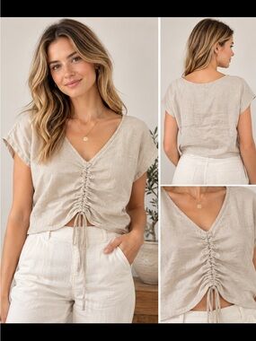 Vianova Italian Linen Ruched Drawstring Top Beige M